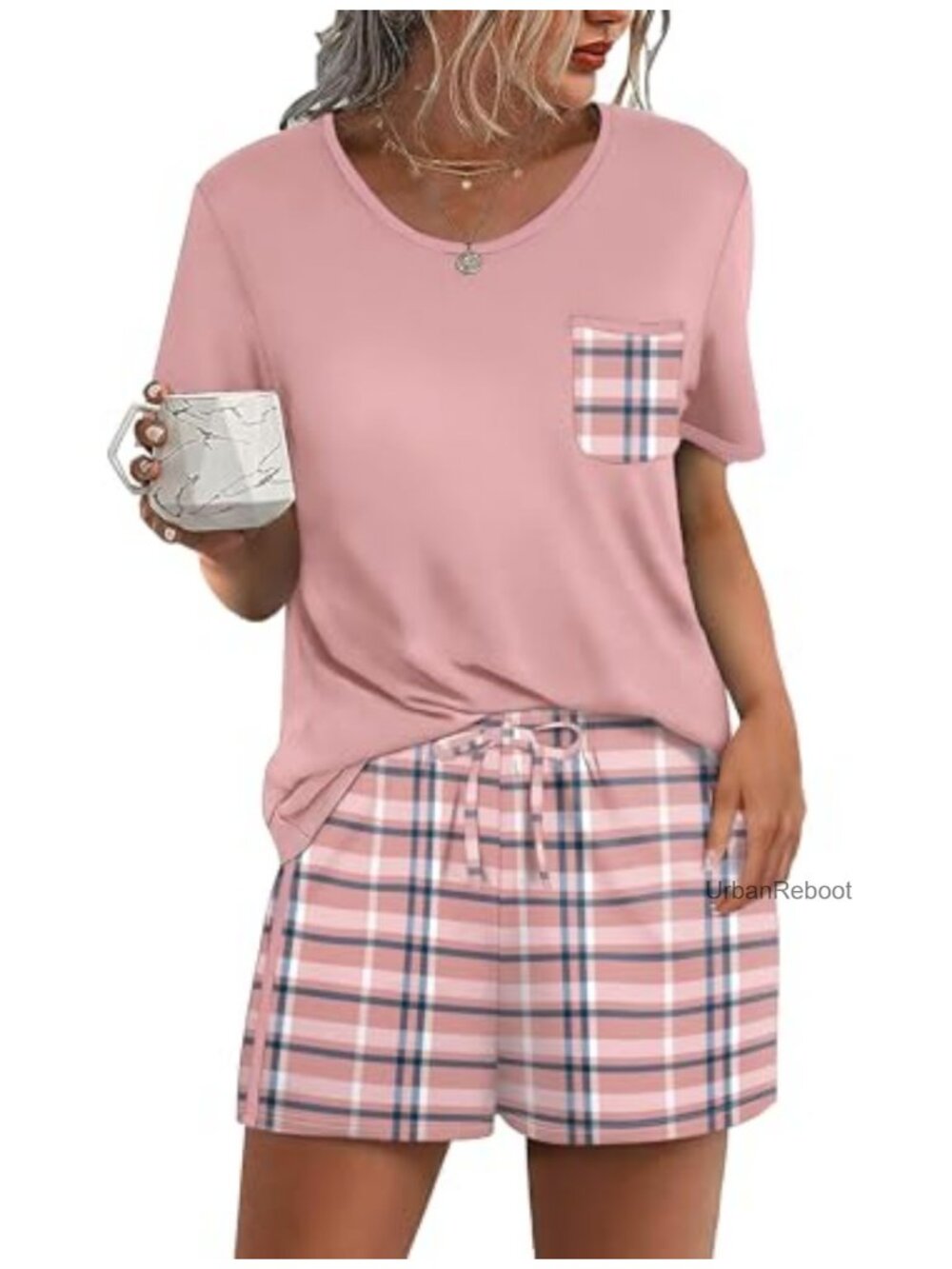 WIHOLL Women's 2-Piece Pajama Set Short Sleeve Top & Drawstring Shorts Soft